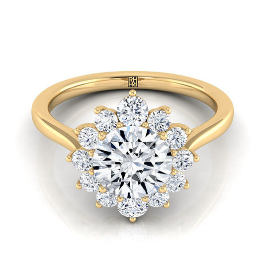 18K Yellow Gold Round Brilliant Diamond Floral Halo Engagement Ring -1/2ctw