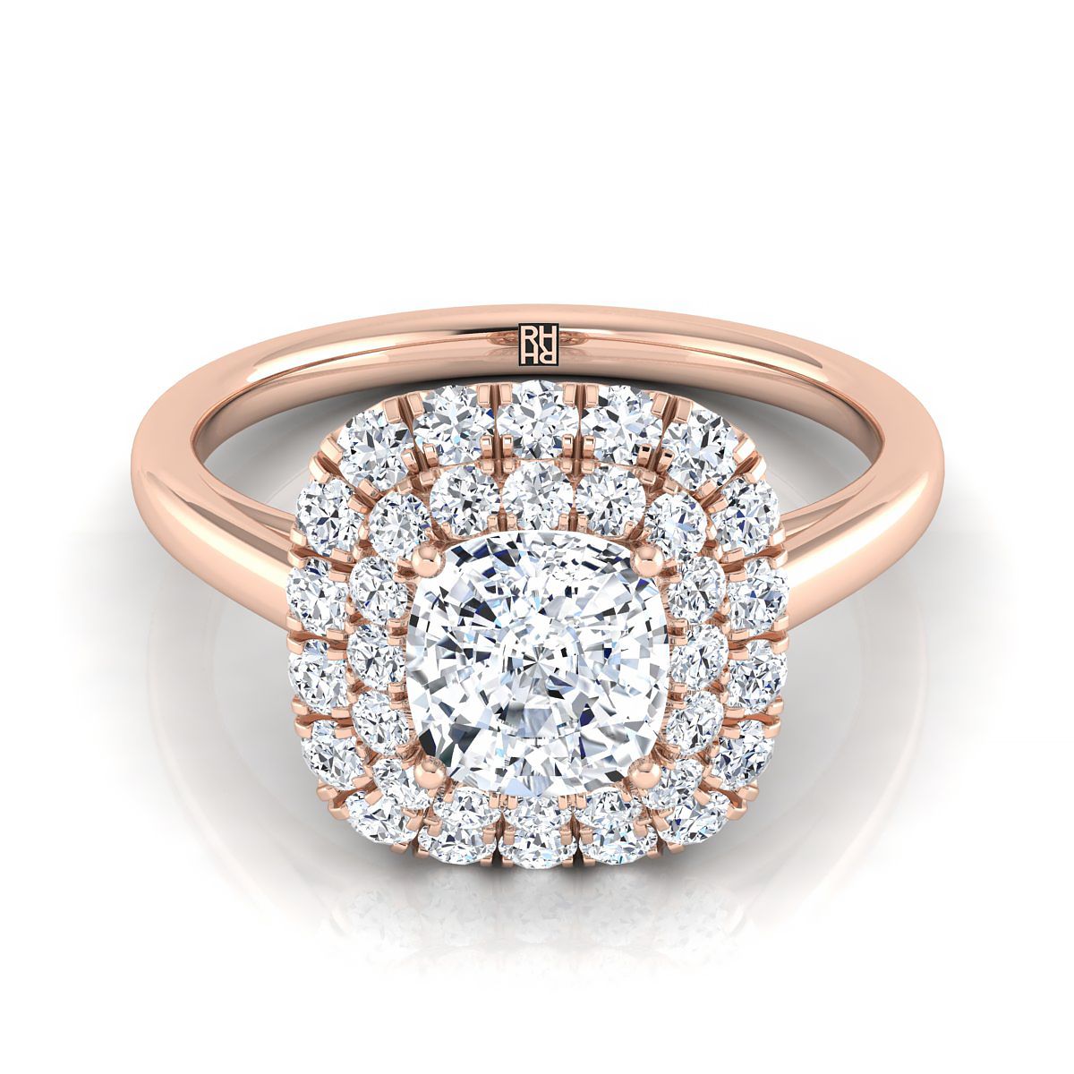 Goldy Select Stair Double Halo Cushion Cut Lab Diamond Engagement Ring in 14K Rose Gold | RockHer