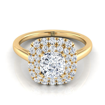 Stair Step Double Halo Cushion, in 18K Yellow Gold | RockHer