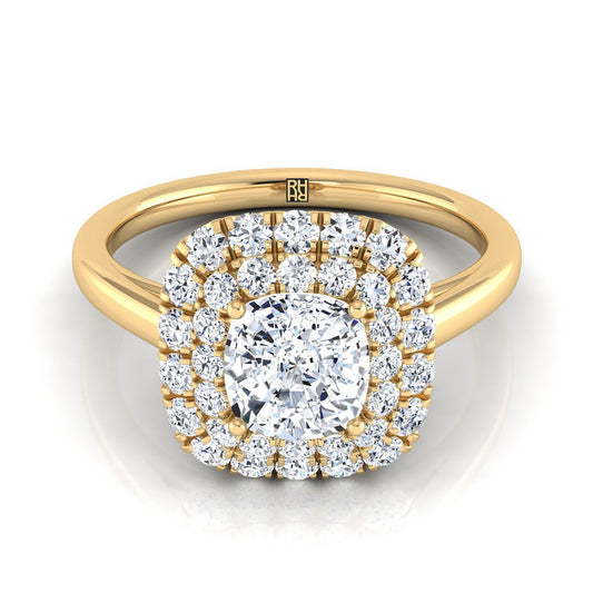 18K Yellow Gold Cushion Diamond Stair Step Double Halo Engagement Ring -1/2ctw