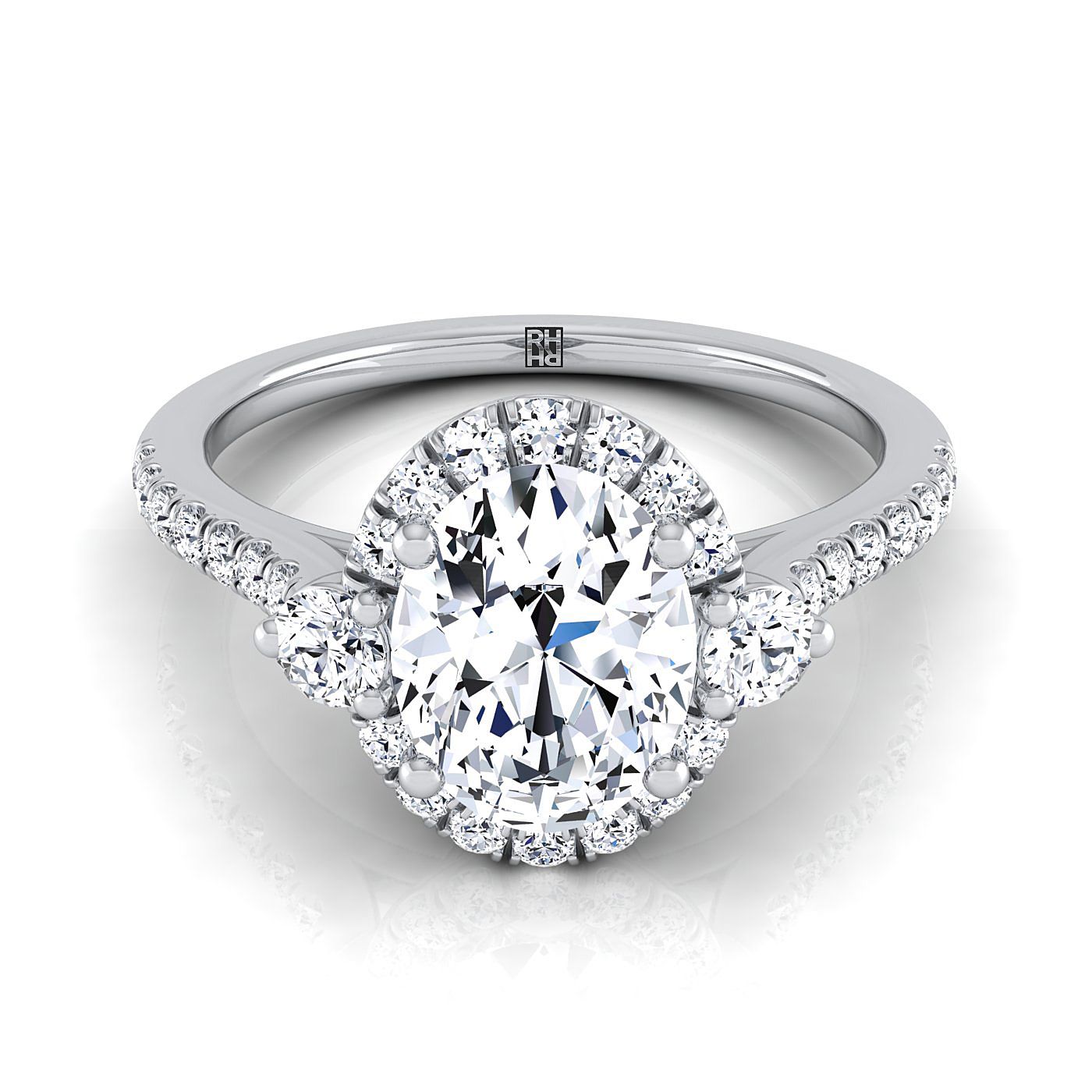 Ivy Select Three Stone Delicate Halo Oval Lab Diamond Engagement Ring in 18K White Gold | RockHer