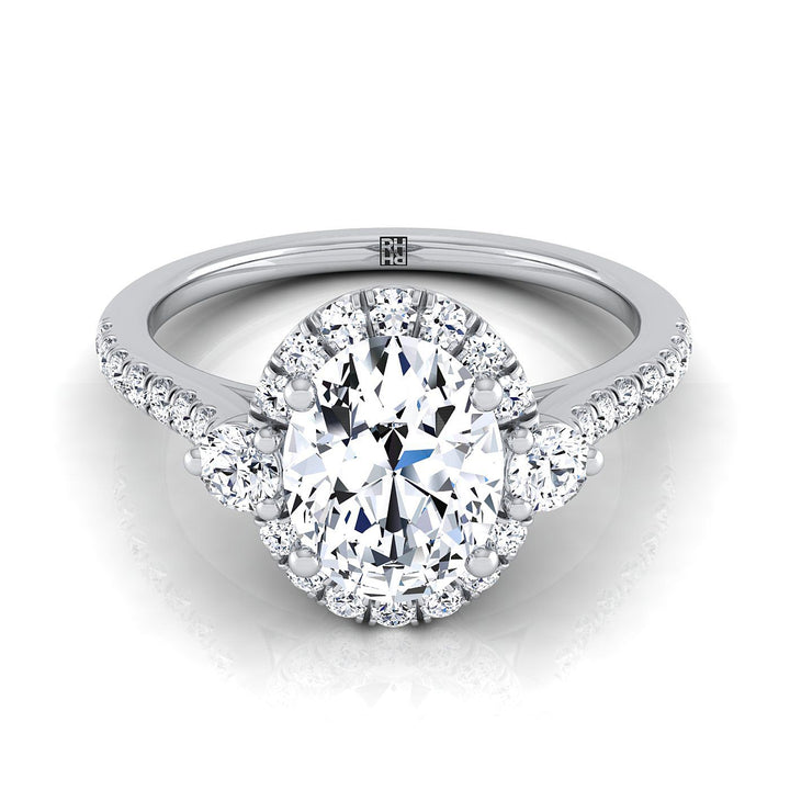 Three Stone Delicate Halo Oval, in Platinum – view 8 | RockHer
