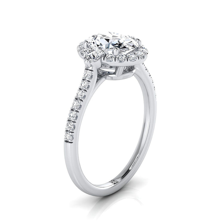 Ivy Select Three Stone Delicate Halo Oval Lab Diamond Engagement Ring in 14K White Gold | RockHer