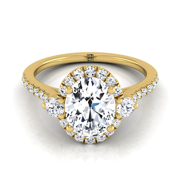 Three Stone Delicate Halo Oval, in 18K Yellow Gold – view 8 | RockHer