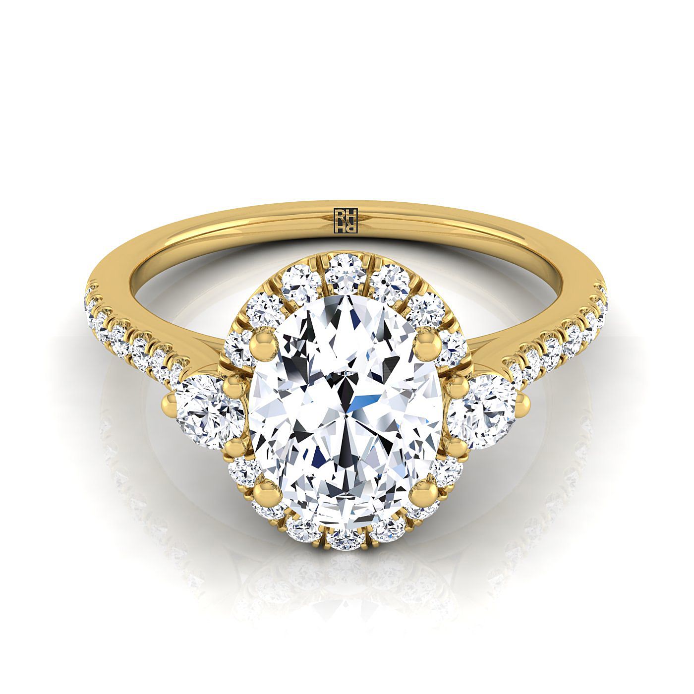Ivy Select Three Stone Delicate Halo Ov Oval Lab Diamond Engagement Ring in 18K Yellow Gold | RockHer