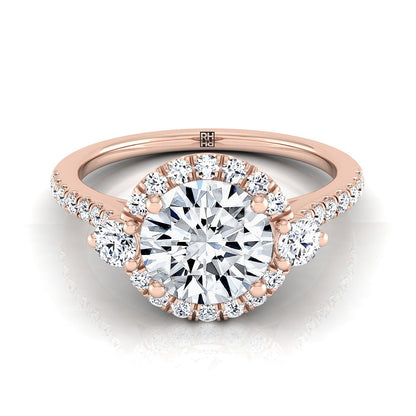 Round Brilliant, Three Stone Delicate Halo, in 14K Rose Gold, pave setting | RockHer