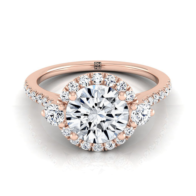 The Ivy Three Stone Delicate Halo Round Engagement Ring Setting in 14K Rose Gold