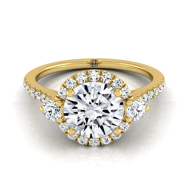 Round Brilliant, Three Stone Delicate Halo, in 18K Yellow Gold | RockHer