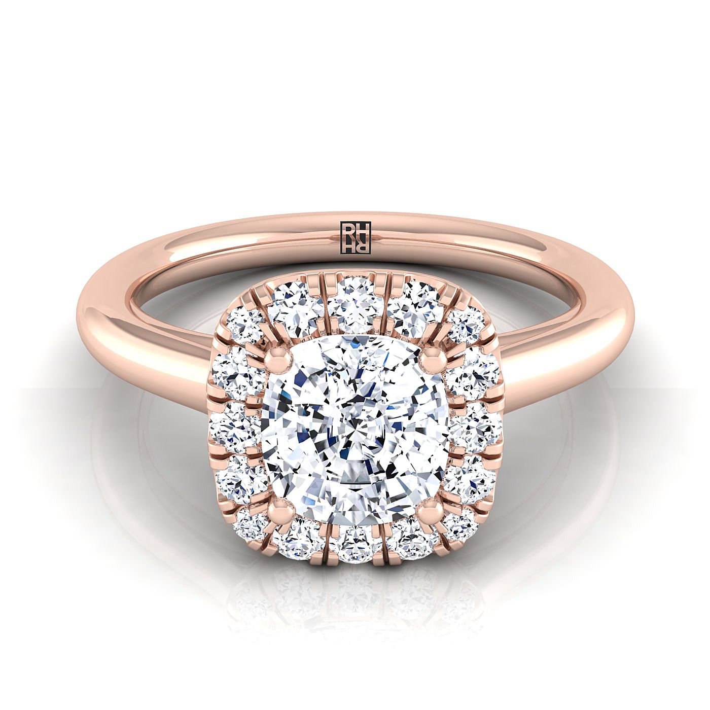 Amy high polish simple halo engagement ring in 18K rose gold with cushion lab diamond — RockHer