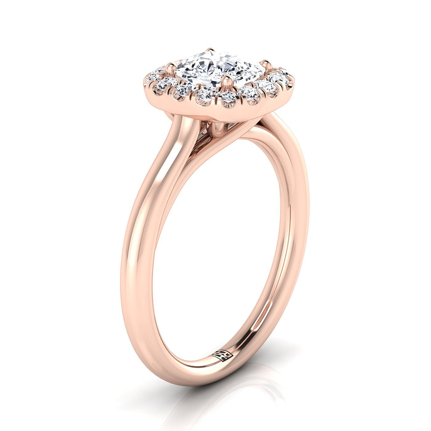 Amy high polish simple halo engagement ring in 18K rose gold with cushion lab diamond — RockHer