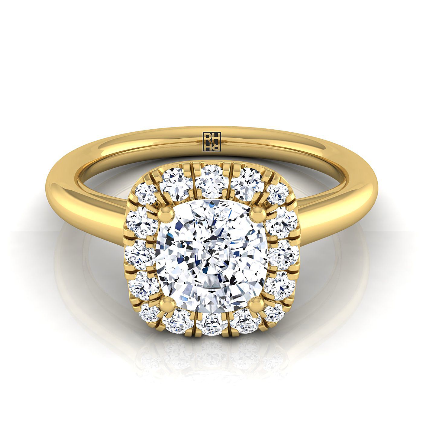 The Amy cushion setting in 18K Yellow Gold, a select high polish simple halo cut design from RockHer