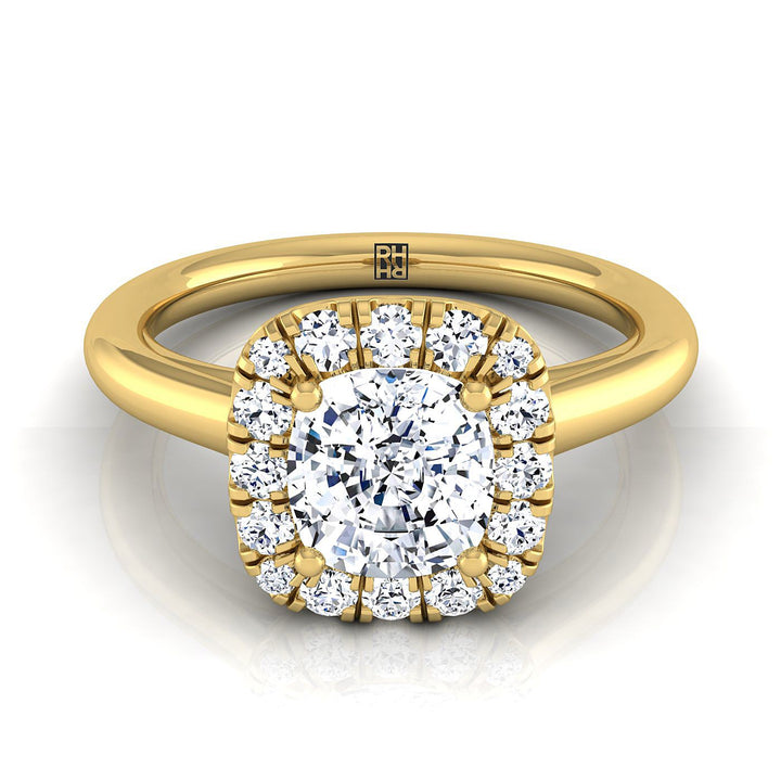 Amy Select high polish simple halo cushion cushion ring in 18K Yellow Gold — view — RockHer