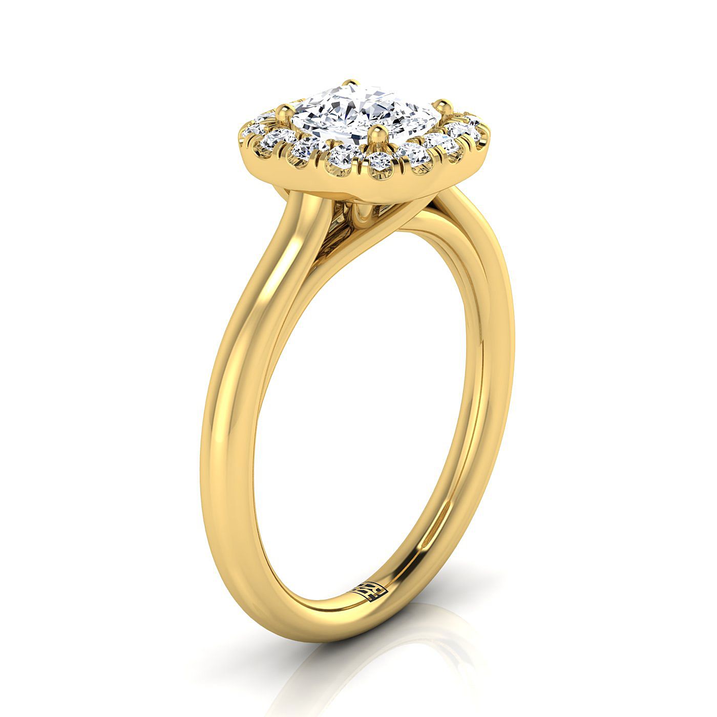 RockHer atelier photo of The Amy cushion engagement ring setting in 18K Yellow Gold