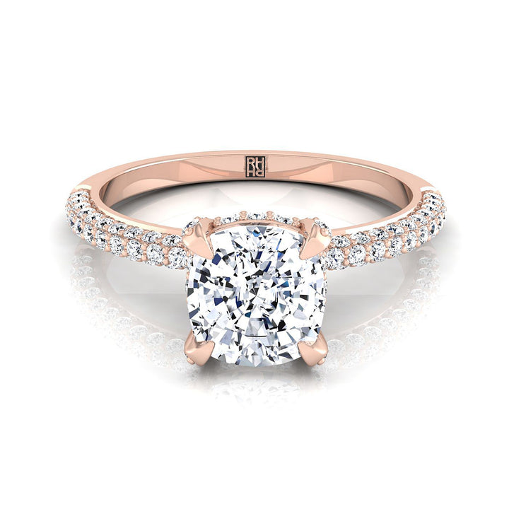 Diamond Encrusted Claw Triple Pavé Cushion, in 14K Rose Gold, prong setting | RockHer