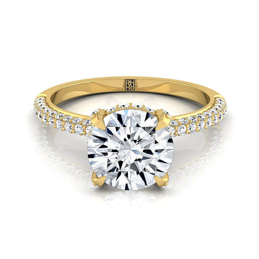 18K Yellow Gold Round Brilliant Diamond Encrusted Claws and Triple Pave Engagement Ring -1/2ctw