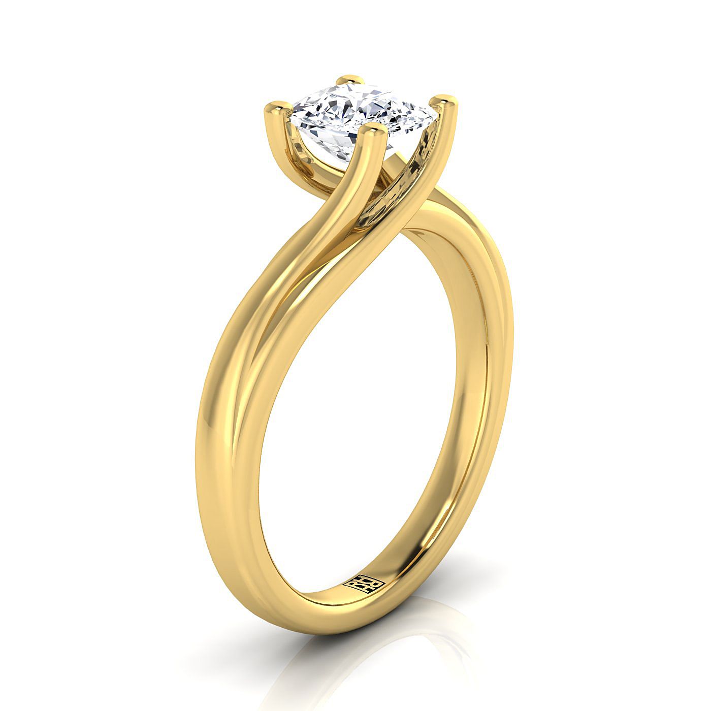 Twisted Bypass Solitaire Cut styling on The Joplin cushion engagement ring setting | RockHer
