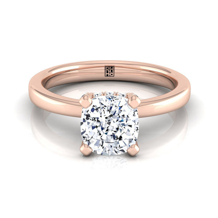 Secret Halo Adorned Prong Solitaire Cushion, in 14K Rose Gold – view 8 | RockHer