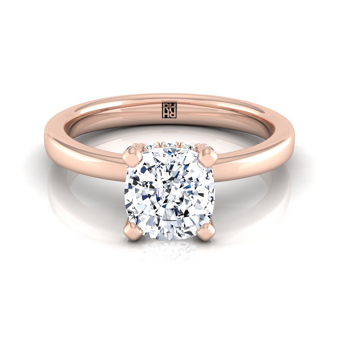 Lana Select Secret Halo Adorned Prong Solitaire Cushion Cut Lab Diamond Engagement Ring in 14K Rose Gold | RockHer