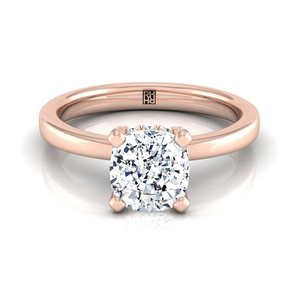 Lana Select Secret Halo Adorned Prong Solitaire Cushion Cut Lab Diamond Engagement Ring in 14K Rose Gold | RockHer