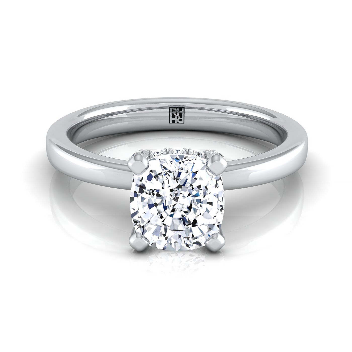 Lana Select Secret Halo Adorned Prong Solitaire Cushion Cut Lab Diamond Engagement Ring in Platinum | RockHer