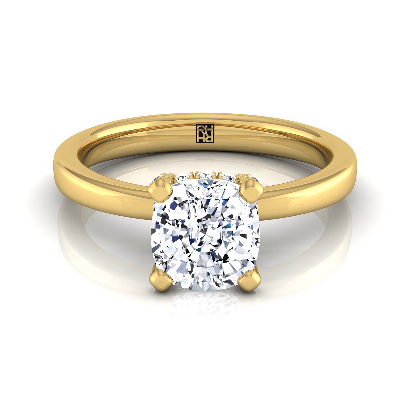 Lana Select Secret Halo Adorned Prong Solitaire Cushion Cut Lab Diamond Engagement Ring in 18K Yellow Gold | RockHer