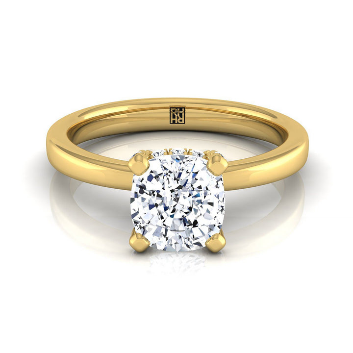 Lana Select Secret Halo Adorned Prong Solitaire Cushion Cut Lab Diamond Engagement Ring in 14K Yellow Gold | RockHer