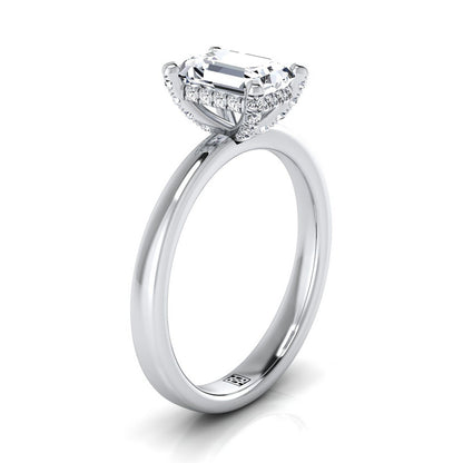 European Cut, Secret Halo Adorned Prong Solitaire Emerald, in 18K White Gold – side profile | RockHer