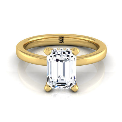 European Cut, Secret Halo Adorned Prong Solitaire Emerald, in 18K Yellow Gold | RockHer