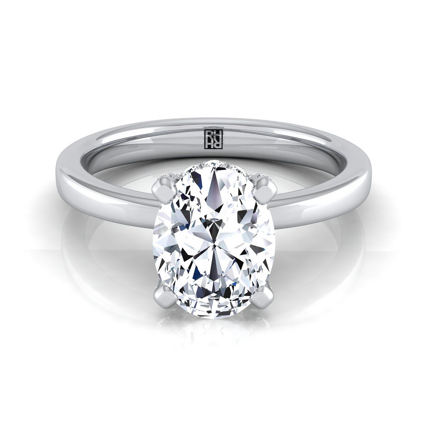 Lana Select Secret Halo Adorned Prong Solitaire Oval Lab Diamond Engagement Ring in Platinum | RockHer