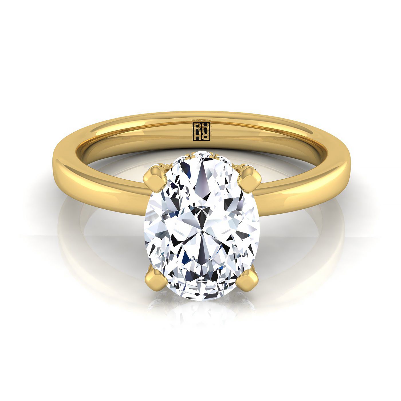 Lana Select Secret Halo Adorned Prong Solitaire Oval Lab Diamond Engagement Ring in 18K Yellow Gold | RockHer
