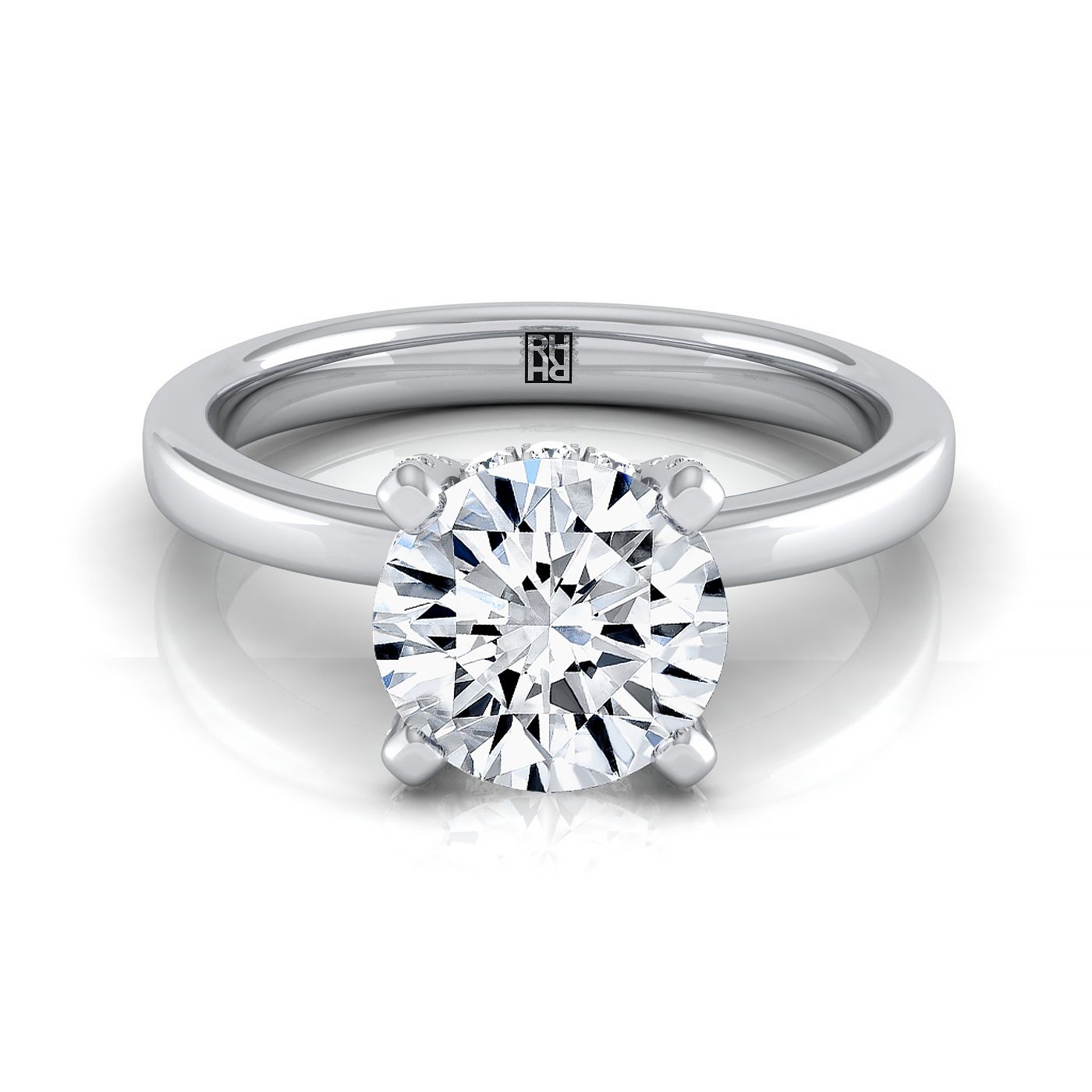 Lana secret halo adorned prong solitaire engagement ring in 18K white gold with round lab diamond — RockHer