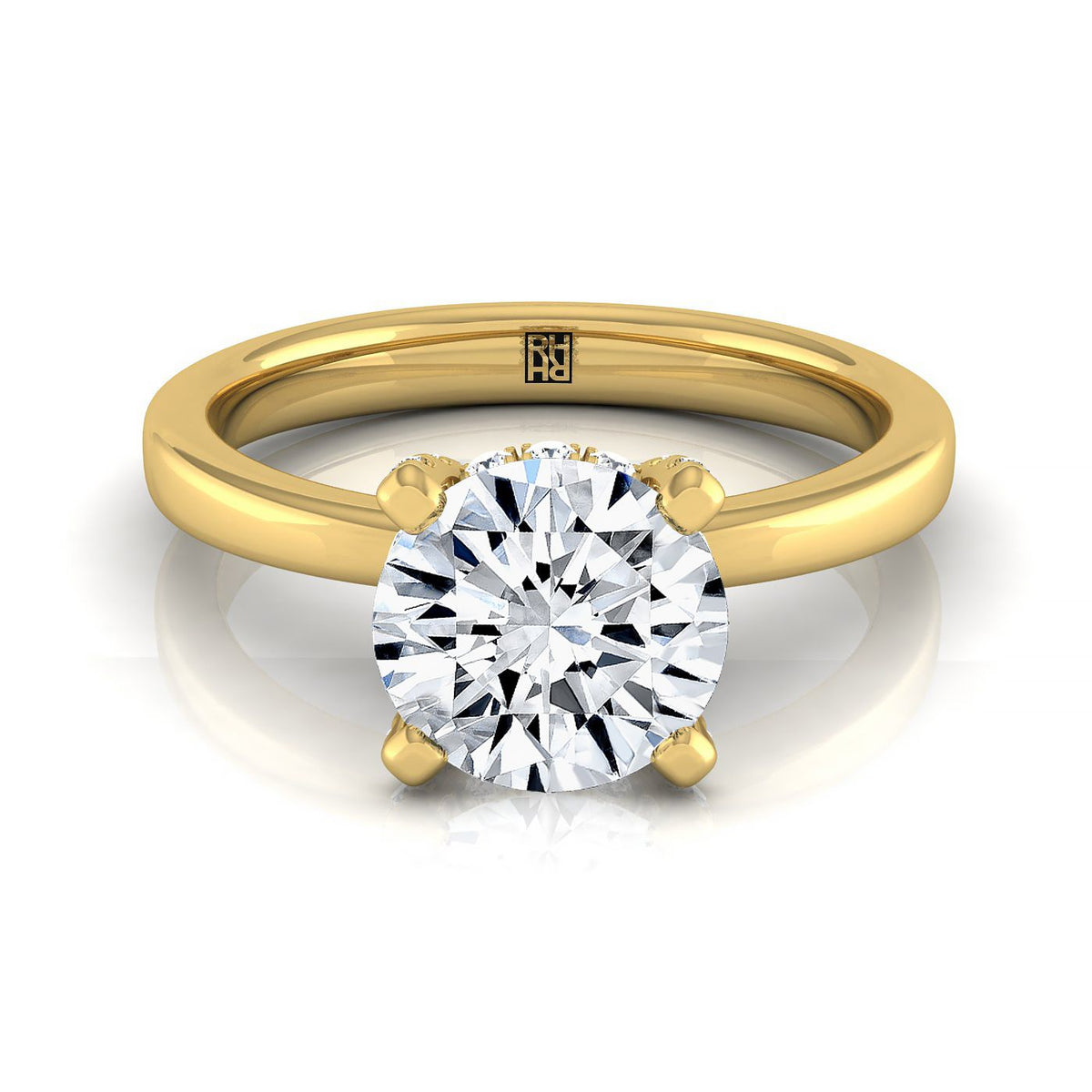 Lana Select Secret Halo Adorned Prong Solitaire Round Lab Diamond Engagement Ring in 18K Yellow Gold | RockHer