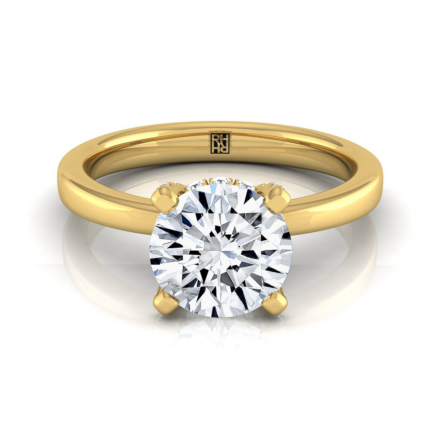 Lana secret halo adorned prong solitaire engagement ring in 18K yellow gold with round lab diamond — RockHer