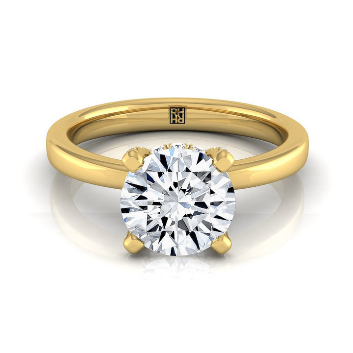 Lana secret halo adorned prong solitaire engagement ring in 18K yellow gold with round lab diamond — RockHer