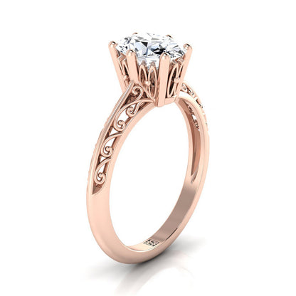 Vintage Scroll Cutout Solitaire Oval, in 14K Rose Gold, prong setting – side profile | RockHer