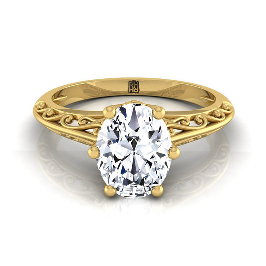 14K Yellow Gold Oval  Delicate Vintage Scroll Cut Out Solitaire Engagement Ring