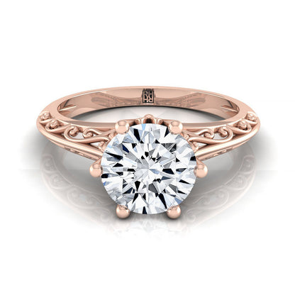 Round Brilliant, Vintage Scroll Cutout Solitaire, in 14K Rose Gold, prong setting | RockHer