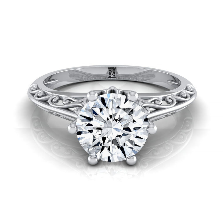 The Layla Vintage Scroll Cutout Solitaire Round Engagement Ring Setting in 18K White Gold