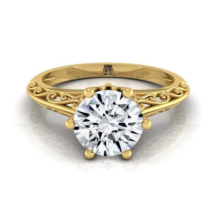 Round Brilliant, Vintage Scroll Cutout Solitaire, in 18K Yellow Gold | RockHer