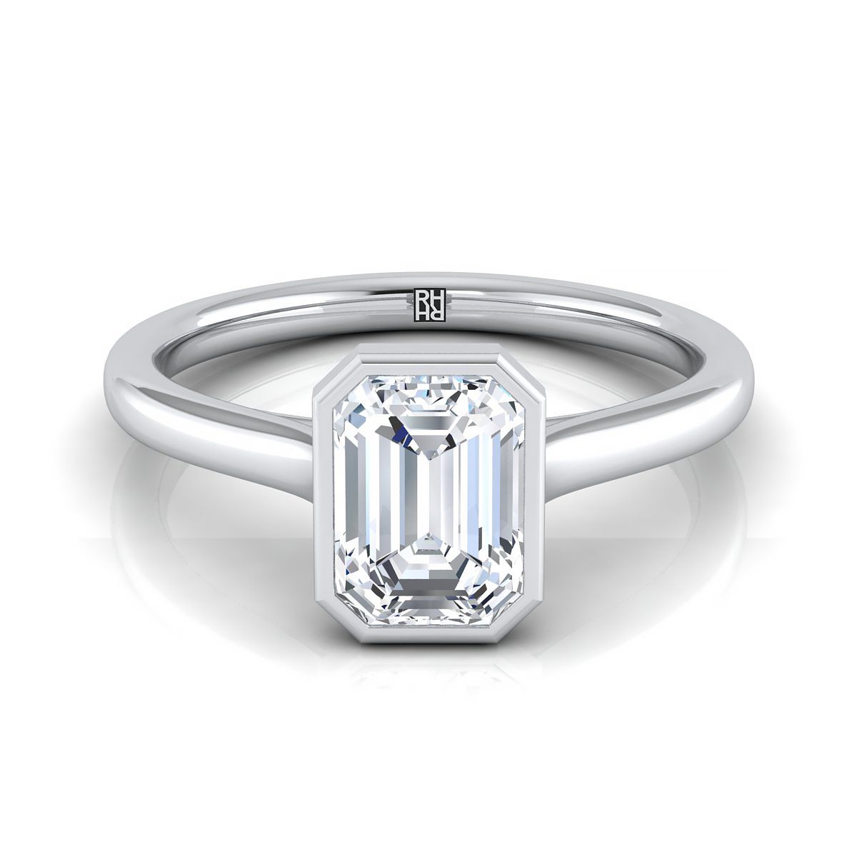 Duran Select Simple Bezel Solitaire Emerald Cut Lab Diamond Engagement Ring in Platinum | RockHer
