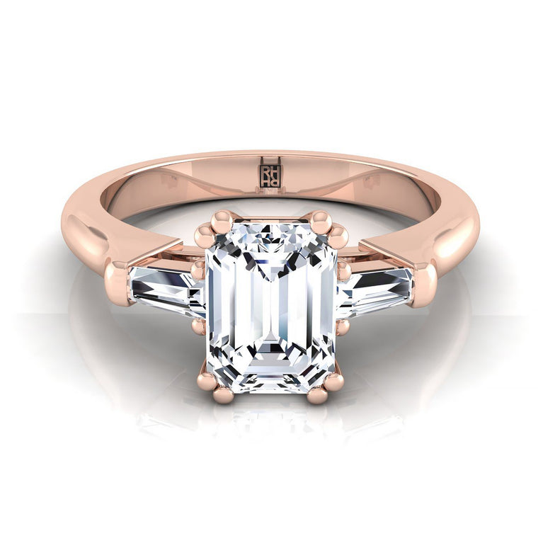 The Lily Double Prong Three Stone Emerald Cut Engagement Ring Setting in 14K Rose Gold
