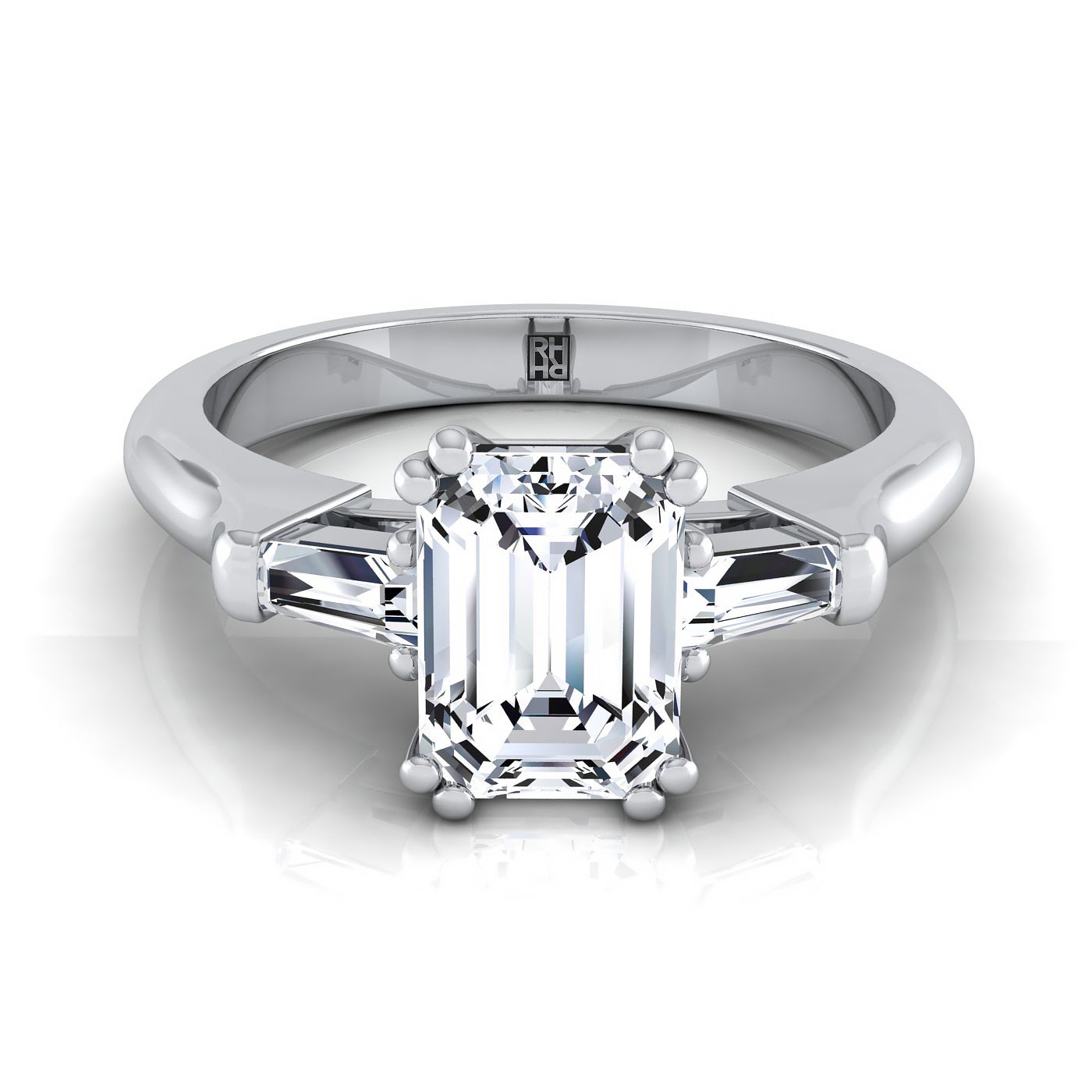 Lily Select Double Prong Three Stone Emerald Cut Lab Diamond Engagement Ring in 18K White Gold | RockHer