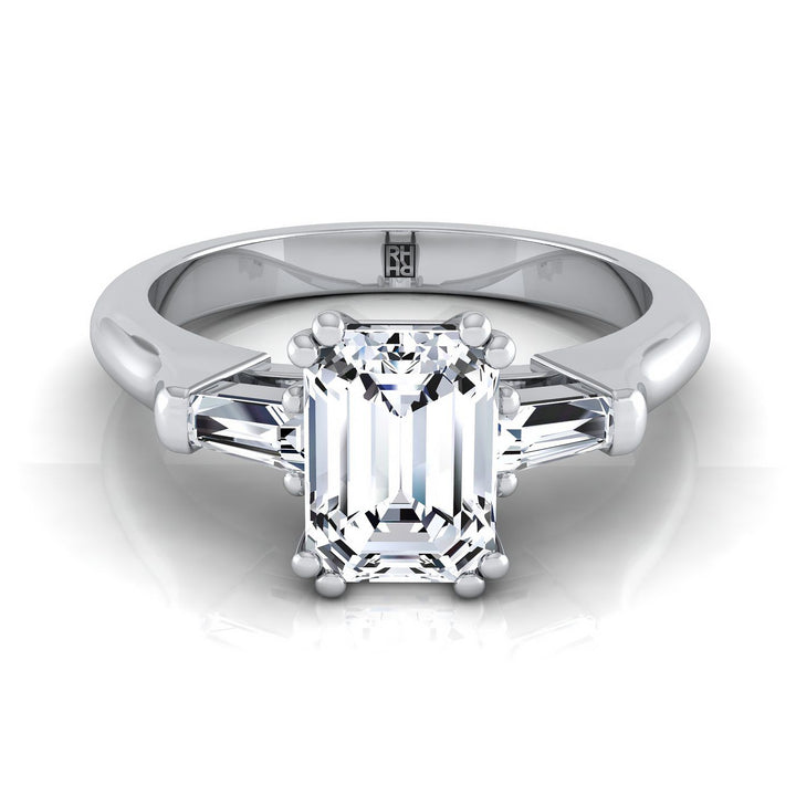 European Cut, Double Prong Tapered Baguette Three Stone Emerald, in Platinum – view 8 | RockHer