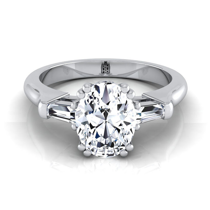 Double Prong Tapered Baguette Three Stone Oval, in 18K White Gold | RockHer