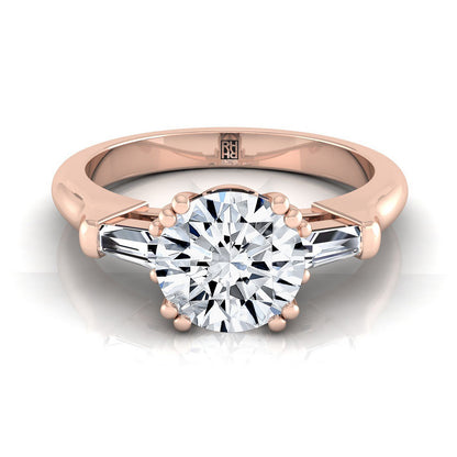Round Brilliant, Double Prong Tapered Baguette Three Stone, in 14K Rose Gold | RockHer