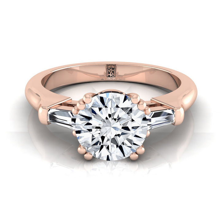 Round Brilliant, Double Prong Tapered Baguette Three Stone, in 14K Rose Gold | RockHer