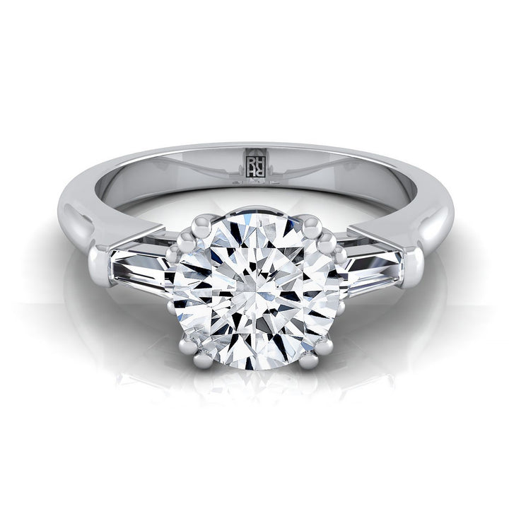 Round Brilliant, Double Prong Tapered Baguette Three Stone, in 18K White Gold | RockHer