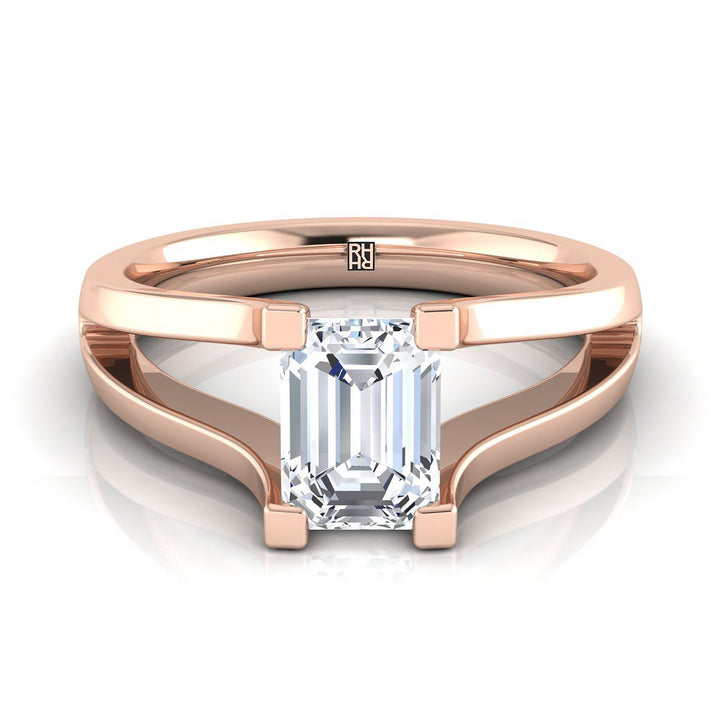 European Cut, Plain High Polish Split Shank Solitaire Emerald, in 14K Rose Gold, prong setting | RockHer