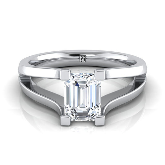 14K White Gold Emerald Cut  Plain High Polish Split Shank Solitaire Engagement Ring
