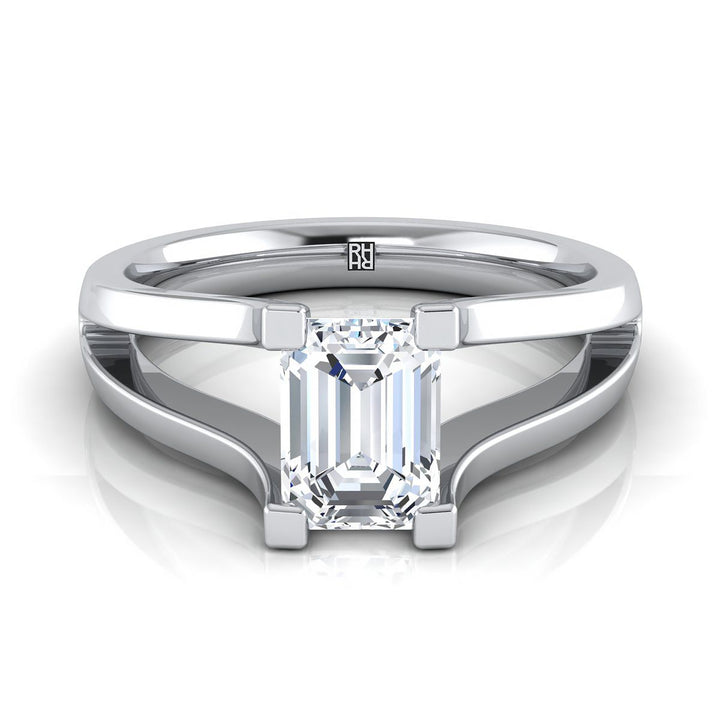 European Cut, Plain High Polish Split Shank Solitaire Emerald, in 18K White Gold | RockHer